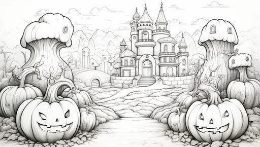 Pumpkins and castles coloring page, energetic hellish style