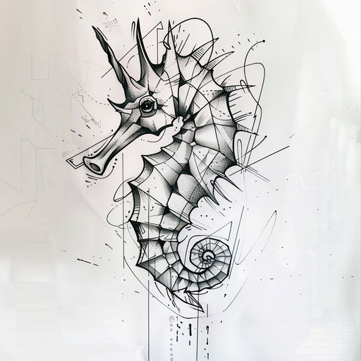 Geometric seahorse tattoo sketch with bold lines and sharp angles in flat design