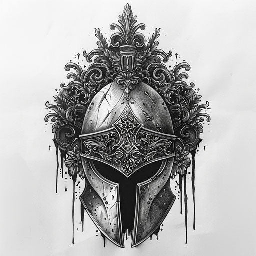 Sketch of gothic-inspired spartan helmet tattoo with dark ornate details