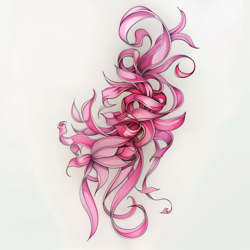 Pink ribbon intertwined with vine, tattoo on white background