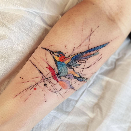 Surrealist swallow tattoo, dream-like colors and forms