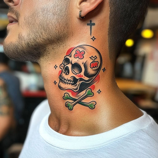 Small neck tattoos in the style of Ed Hardy featuring a skull and crossbones