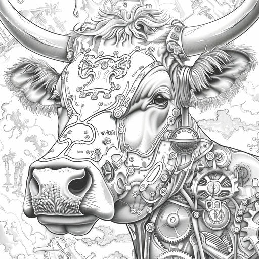 Steampunk cow with gears - Coloring book page
