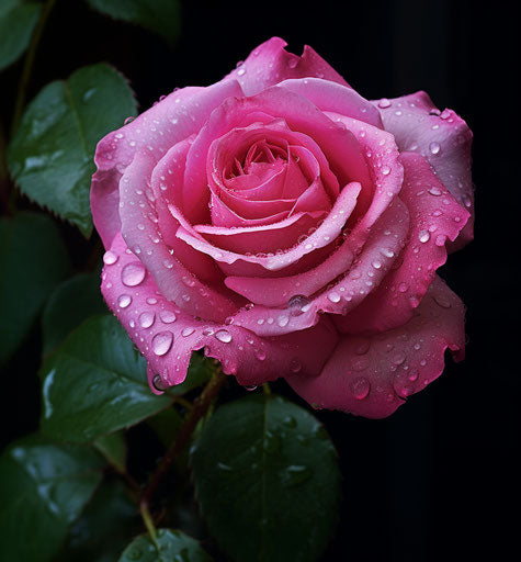Pink rose on balcony in dark pink and emerald tones