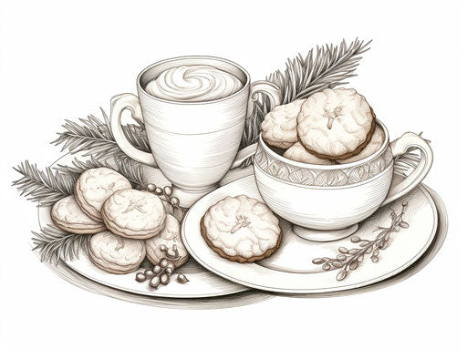 A christmas coloring page with a cup and cookies, in the style of meticulous still lifes, expansive 31:24