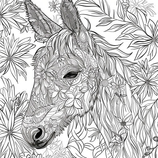 Donkey with floral and geometric patterns. Coloring page