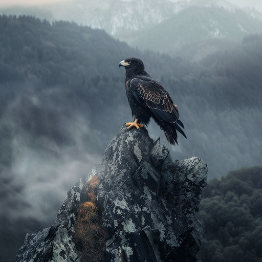Eagle perched on rocky peak, overlooking misty valley