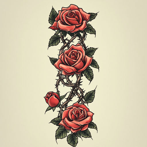 Traditional sleeve of roses intertwined with barbed wire tattoos in the style of Steve McNiven