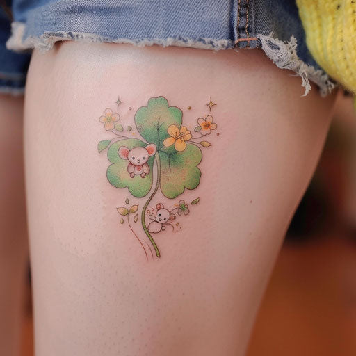 An adorable flat tattoo sketch of a 4 leaf clover with cute animal motifs in soft pastel tones