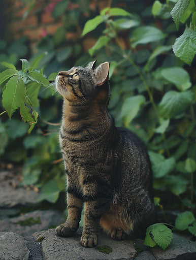 A small cat sitting on a stone patio with eyes up, tweencore style, striped, poignant, soft-edged 3:4