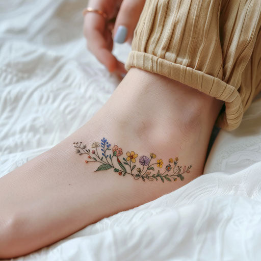 Wildflower ankle bracelet tattoo, delicate soft pastel blooms
