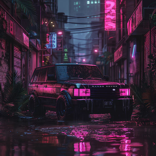 Cyberpunk 1993 SUV with neon lights in rainy alley