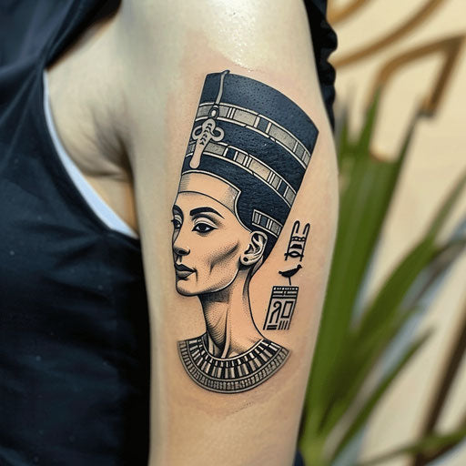 Elegant flat tattoo sketch of Nefertiti with hieroglyphic elements
