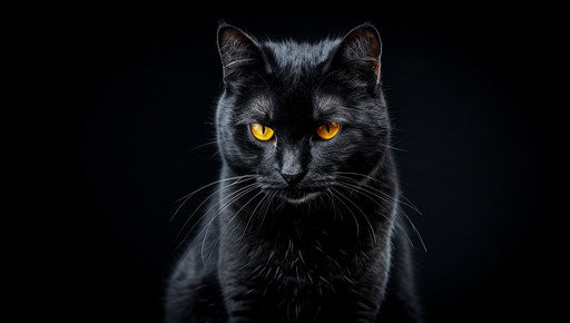 Elderly black cat with yellow eyes in gothic-style setting