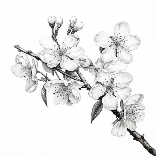 Black and white illustration of a cherry blossom in bardcore style