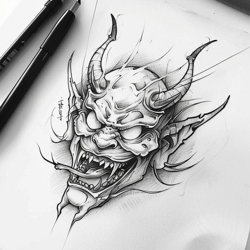 Flat tattoo sketch of a Japanese demon with minimalist design