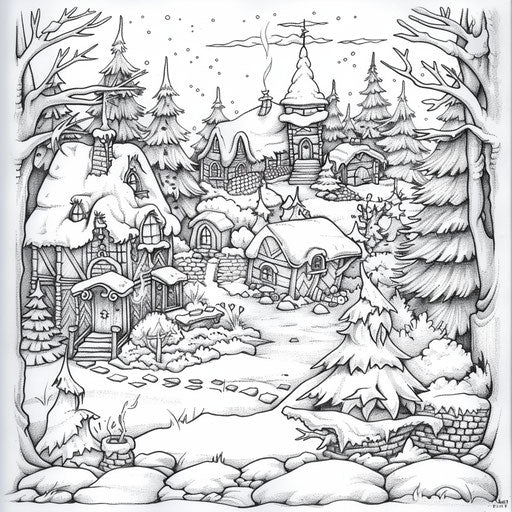 Cozy winter scene with gnomes in a snowy village, coloring book page