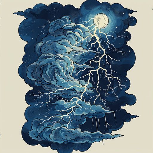 Bold flat tattoo sketch of storm with deep blues and white lightning