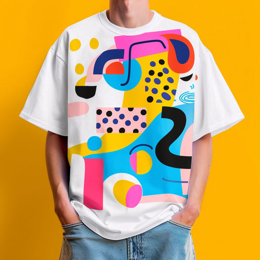 Playful t shirt logo design with bright colors and fun shapes
