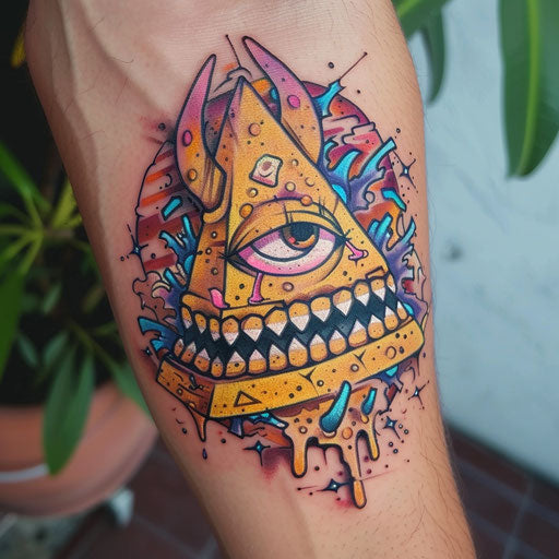 Playful tattoo sketch of a cartoon-style pyramid with exaggerated features and bright colors