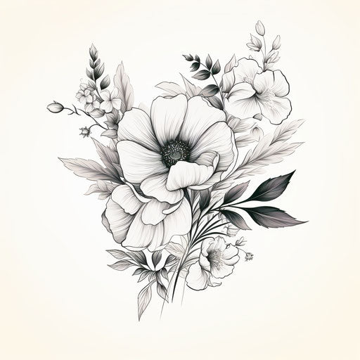 Flower tattoo on white background, cottagecore style, clusters