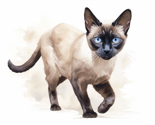 Siamese cat walking on white background