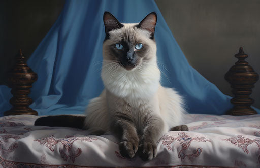 White and brown cat on a bed, light magenta and dark azure style