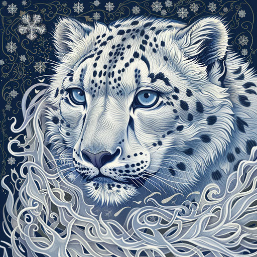 Elegance and mystery of a snow leopard in an art nouveau drawing