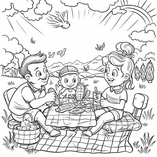 Playful scene of a family picnicking with corn