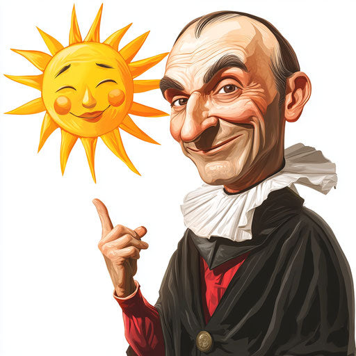 Humorous caricature of a Niccolò Machiavelli caricature clipart with human characteristics, exaggerated button nose, with fingers hands, next to a smiling sun, vibrant colors, cartoon style, winking, high resolution, no background, isolated