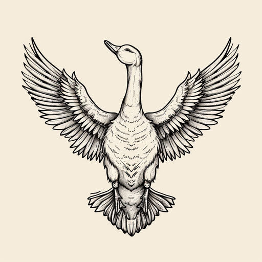 Flat tattoo sketch of a goose with wings spread wide
