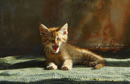 Kitten yawning on green carpet in bedroom