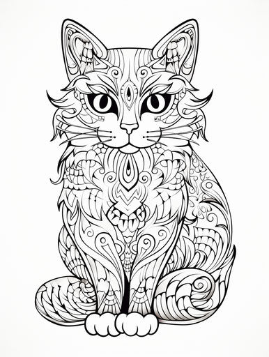 Coloring page with a cat, detailed pen and ink sketch style