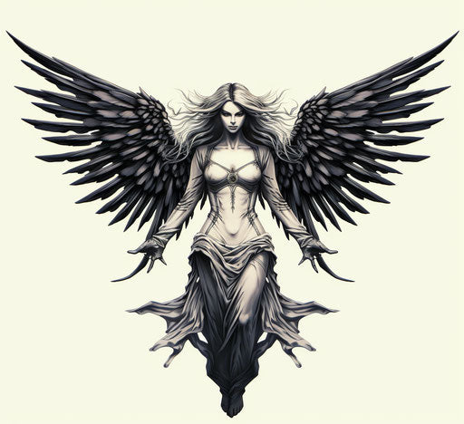 Angel figure on white background, bold black wings, superhero