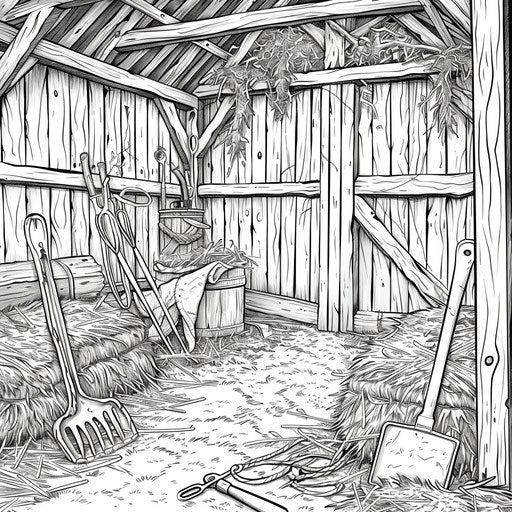 Close-up of barn loft with hay and farm tools