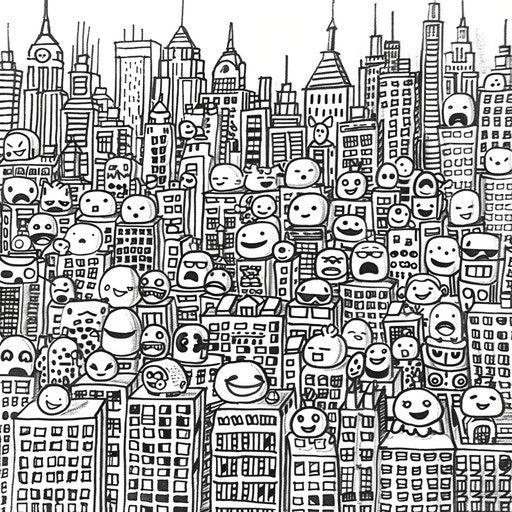 City-themed emojis with detailed urban backgrounds, Stephen Wiltshire style, coloring book page