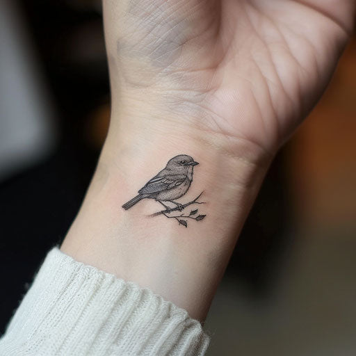 Simple tattoo of a small bird, in the style of Peter Jackson, on the wrist