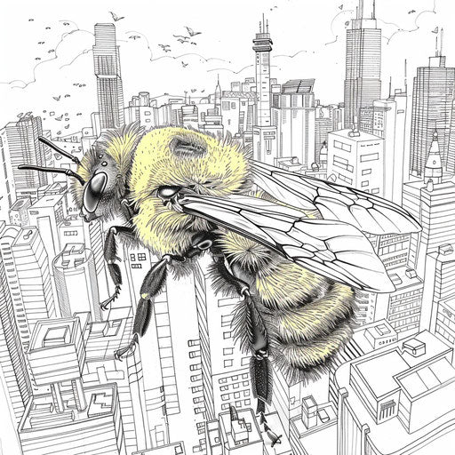 Detailed cityscape with a bumble bee coloring page