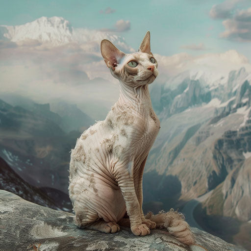 Cornish Rex cat sitting in front of mountain scenery