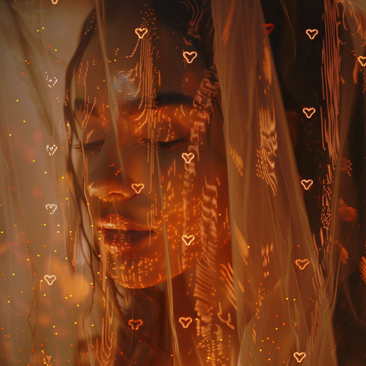 The bride in a wedding veil with hearts, in the style of text and emoji installations
