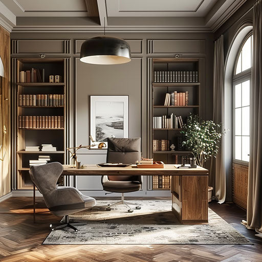 Stylish home office with large desk and comfortable chair