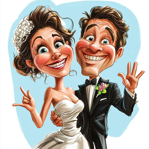 Humorous caricature of a wedding couple with exaggerated human characteristics
