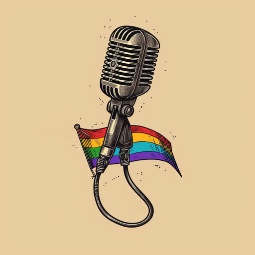 Vintage microphone with a pride flag ribbon, flat tattoo sketch for music lovers