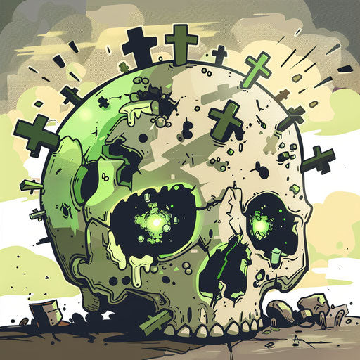 Skull with crosses, animated energy, shiny eyes, cartoon violence