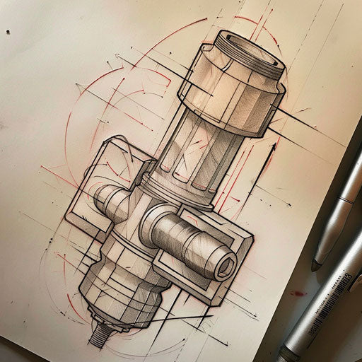 Stylish flat tattoo sketch of a piston with art deco elements and streamlined shapes