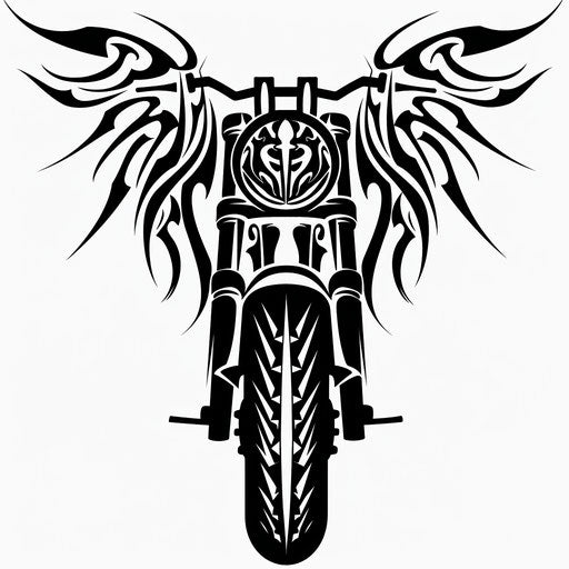 Stylized tribal motorcycle tattoo design with bold black strokes and tribal patterns, on a white background