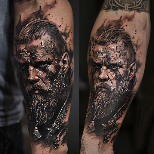 Men's forearm tattoo warrior viking, Glenn Fabry style
