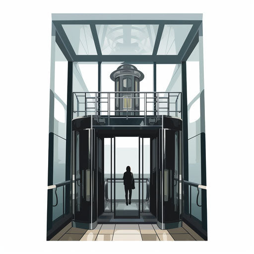 Elevator illustration in the style of Chiaroscuro Art, on white background