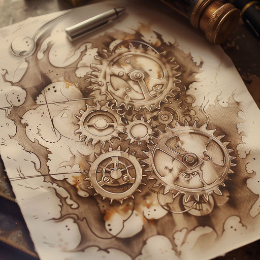 Steampunk fire tattoo, mechanical gears and steam with fiery accents