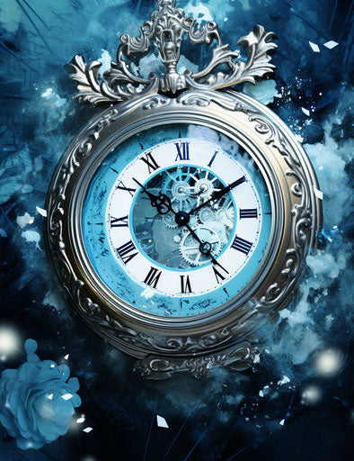 A photo of a clock, in the style of nightcore, dark aquamarine and white